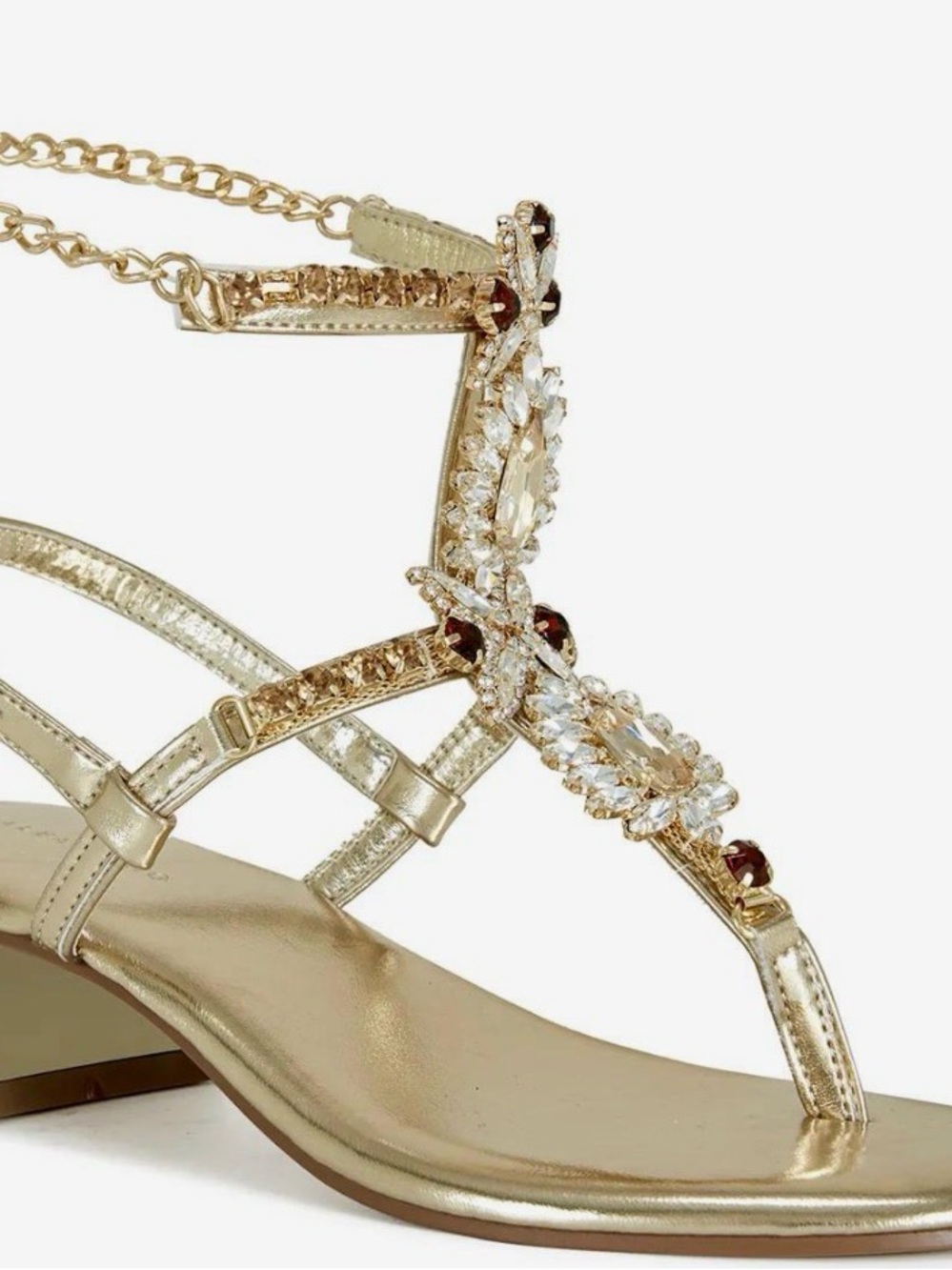 Women's Gold Jeweled T-Strap Sandals with Chain Ankle Strap